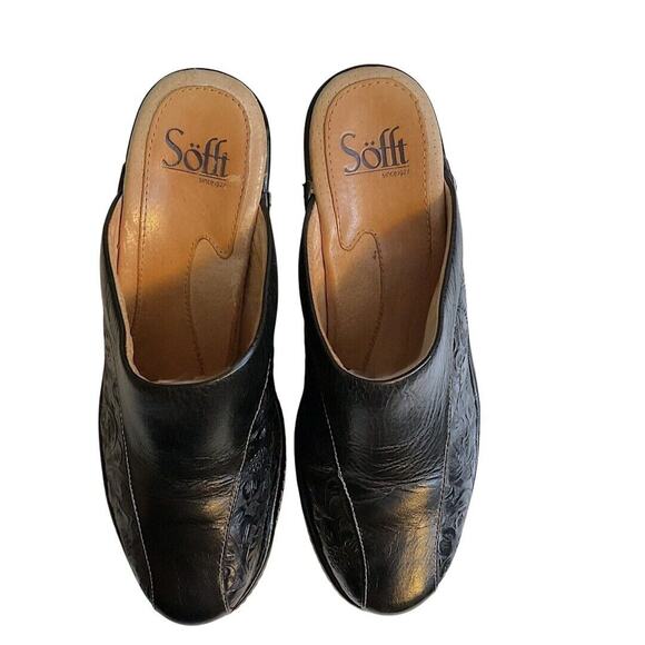 Sofft Mules Shoes 7M Black Leather Floral Embossed Heels Slip On Bicycle Toe - Picture 5 of 16